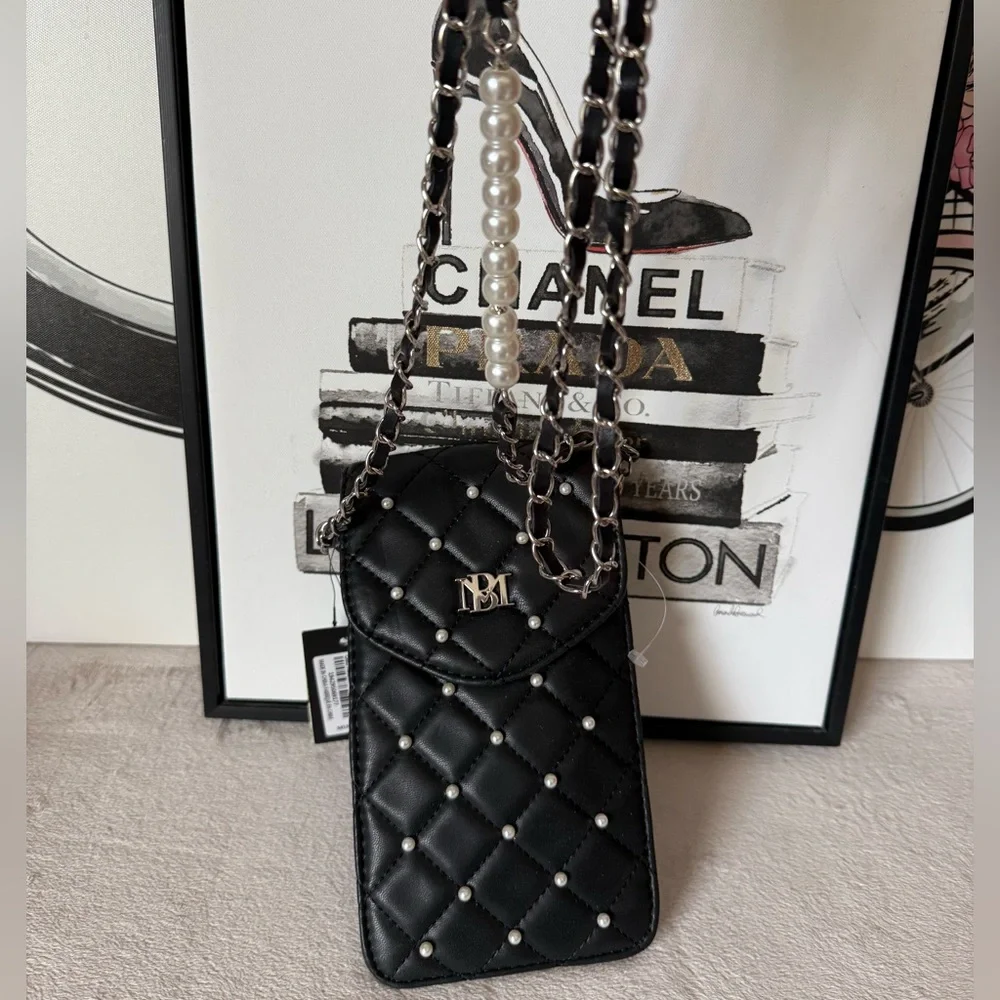 Quilted Pearl-Trim Black Crossbody Phone Bag - Unbranded - Picture 6 of 16